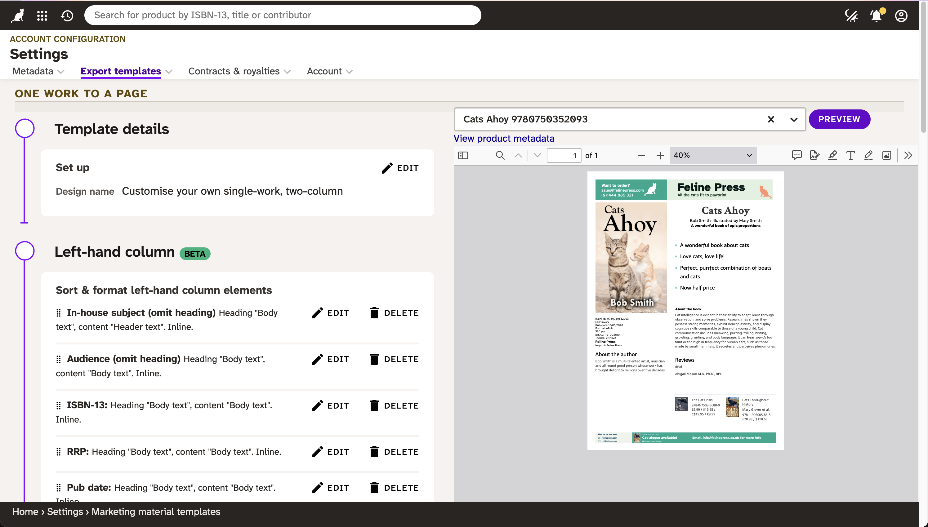 Configuring a one-page work level AI template in Consonance. Element selection is on the left, and a preview of the PDF AI is on the right.