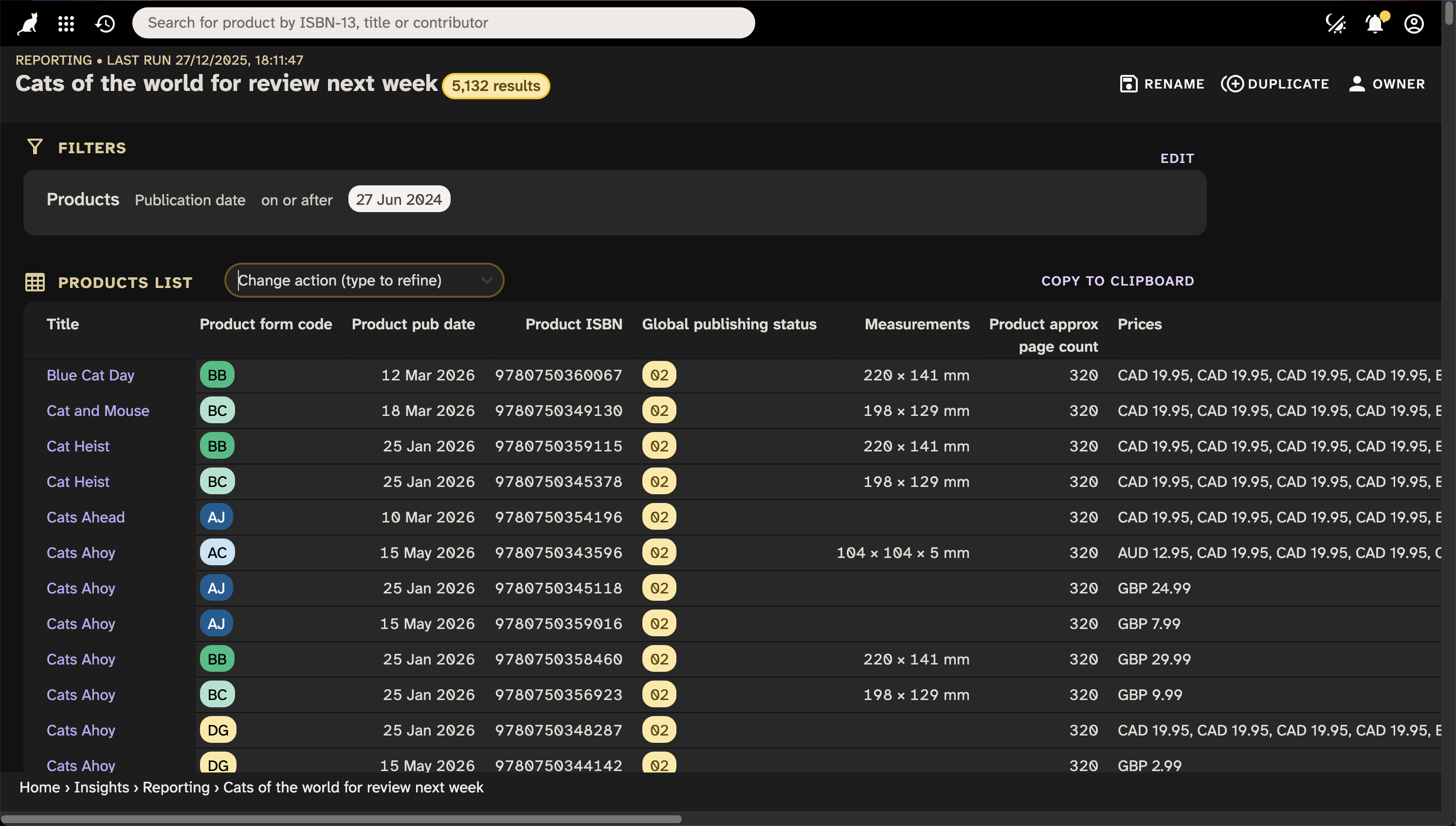 A product list showing the results of a search