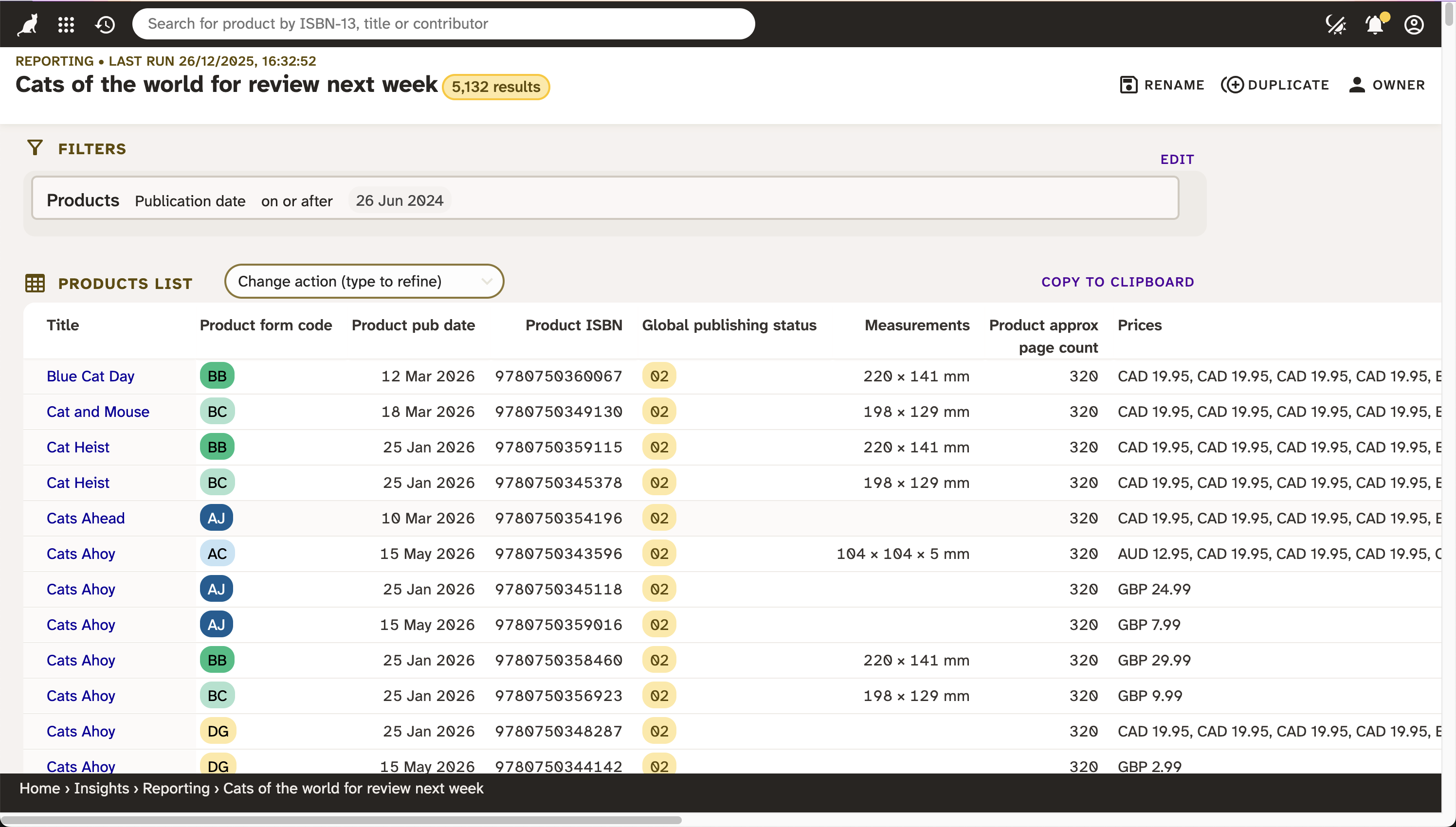 A product list showing the results of a search