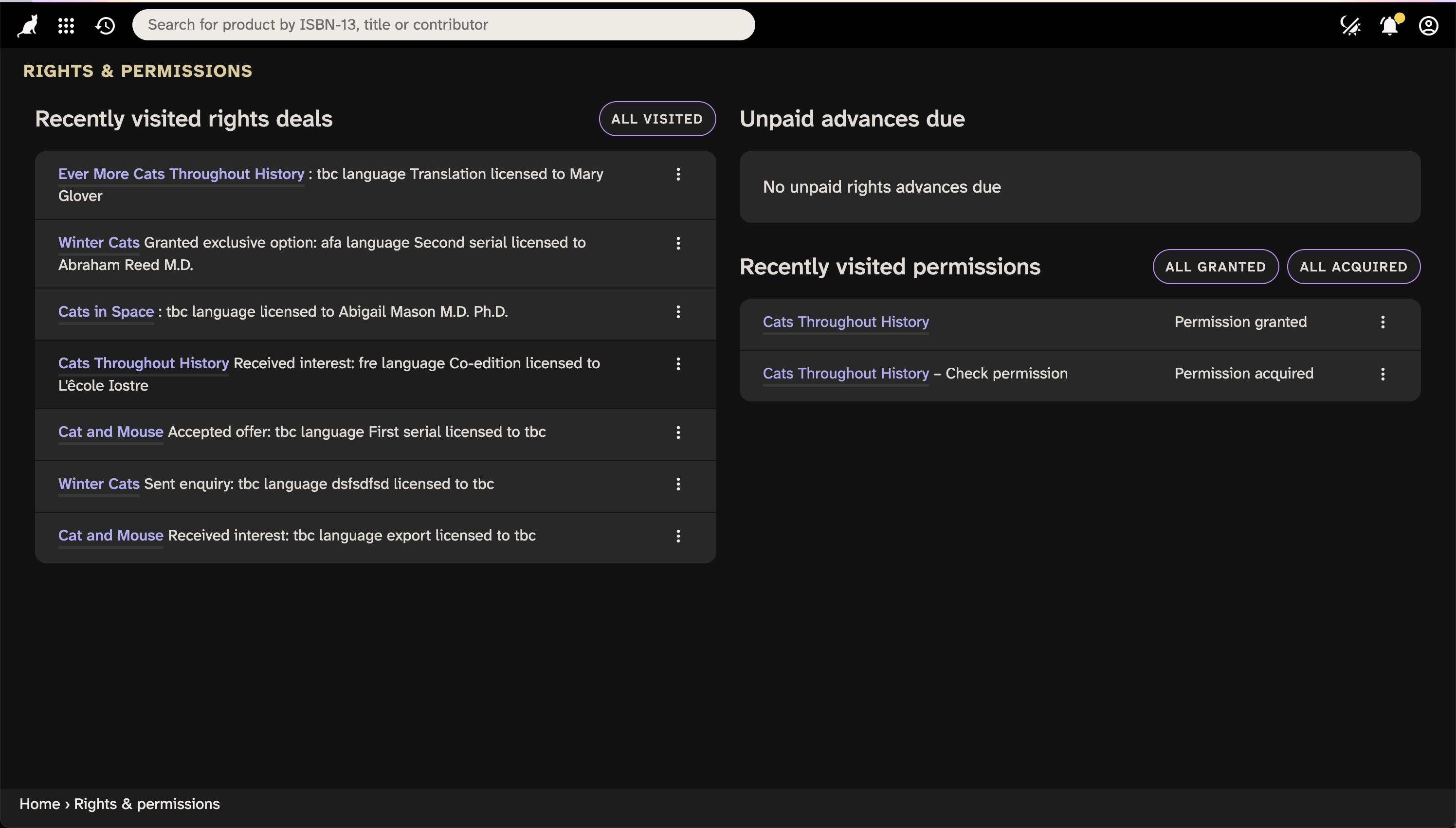 Screenshot of a rights deals dashboard