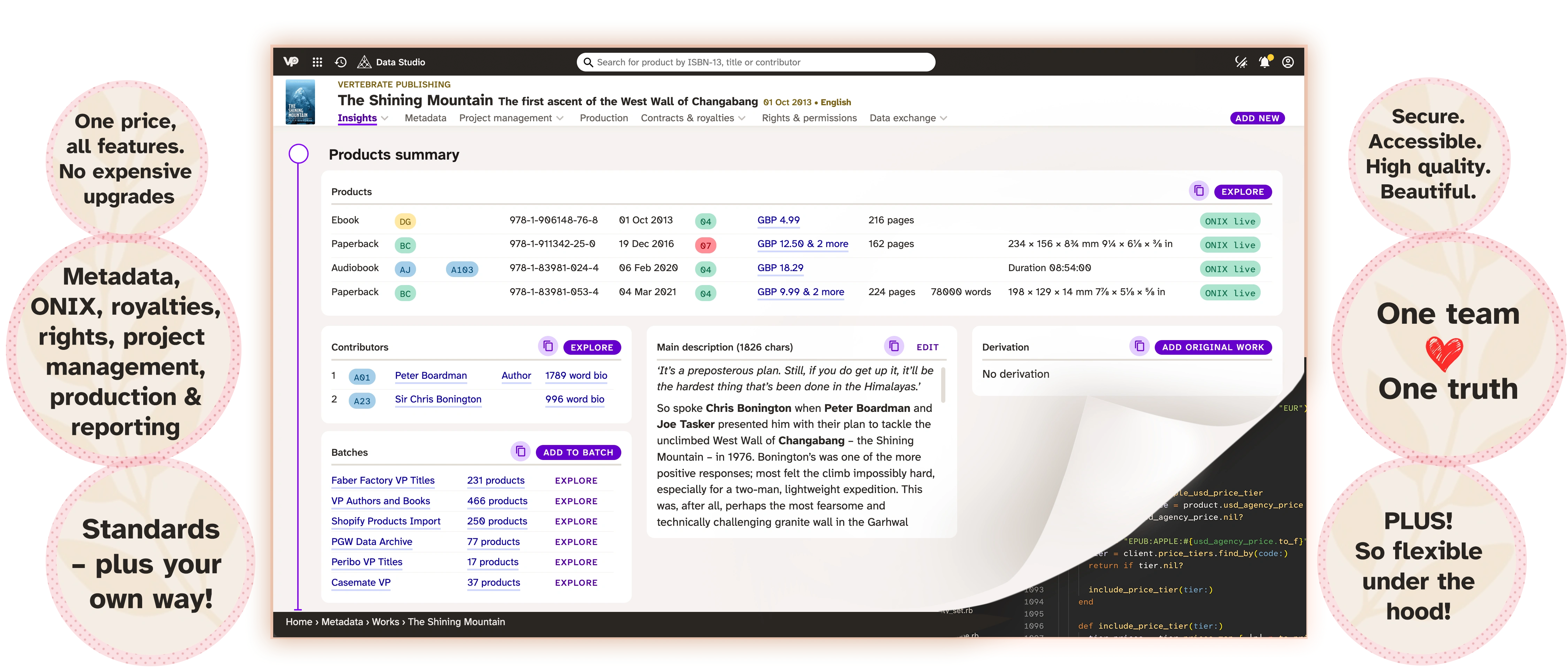 A work page in Consonance, showing summary cards, links to explore further, and with the edge of the page peeled up to reveal some Ruby code underneath.